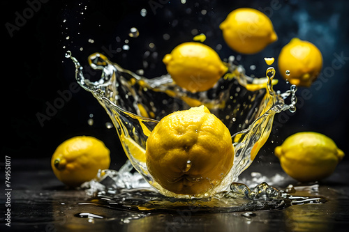 Lemon slice splash in water generative ai photo. 