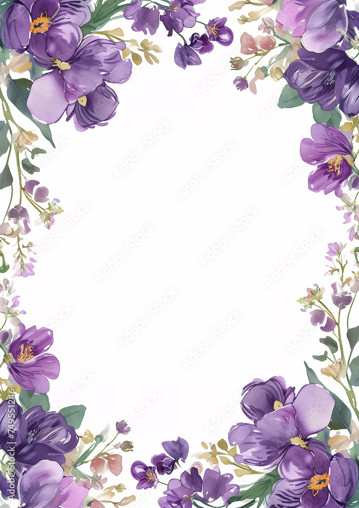 watercolor botanical flowers frame background with free space for invite or wedding card