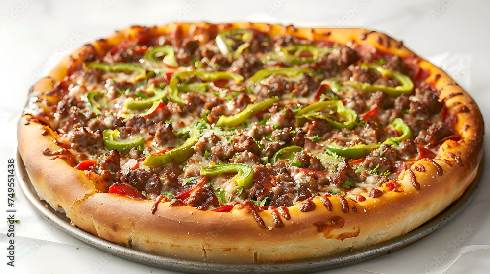 Delicious meat lovers pizza with green peppers Delicious meat lovers pizza with green peppers