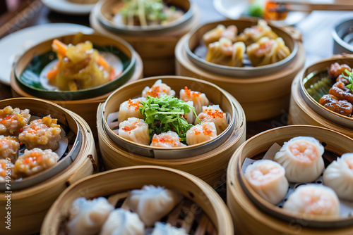 A plate of dim sum, a style of Chinese cuisine prepared as small bite-sized portions of food served in small steamer baskets or on small plates