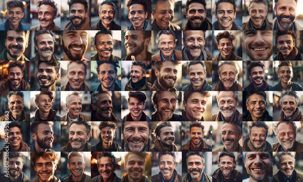 collage of European adult men smiling, collage of portrait, grid of 60 cheerful faces, group photo