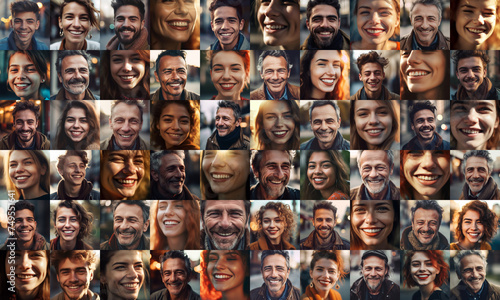 collage of European adult men and women smiling, collage of portrait, grid of 60 cheerful faces, group photo