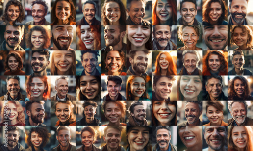 collage of European adult men and women smiling, collage of portrait, grid of 60 cheerful faces, group photo