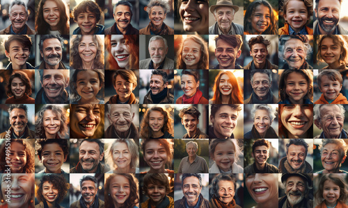  collage of European people smiling, collage of portrait, grid of 60 cheerful faces, group photo