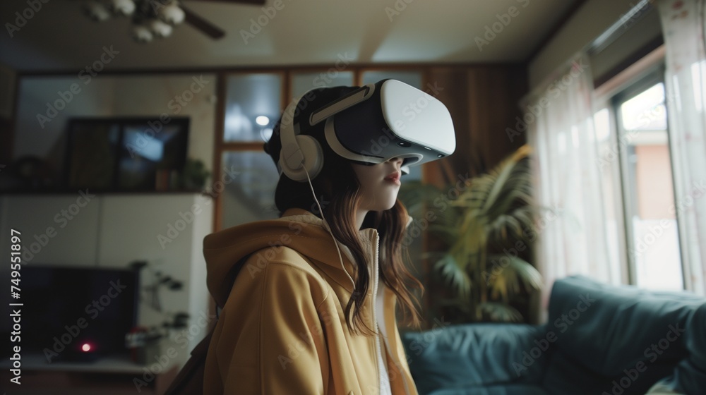 young adult wearing VR headset in a house