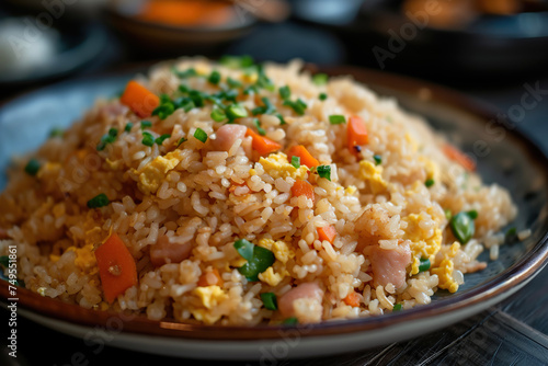 A plate of fried rice, a dish of cooked rice that has been stir-fried in a wok or a frying pan and is usually mixed with other ingredients such as eggs, vegetables, and meat