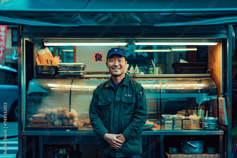 asian street food vendor standing in front of his truck