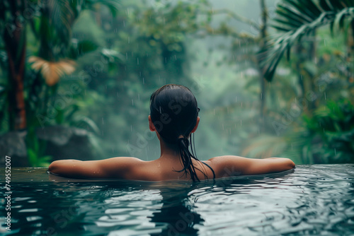 woman in the pool during rainy day in the rainforest