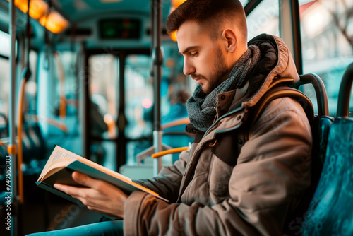 man reading his book on a bus