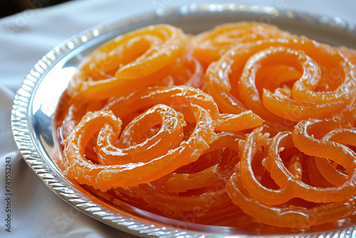 A plate of jalebi, a sweet popular in the Indian subcontinent and regions with South Asian diaspora.  photo