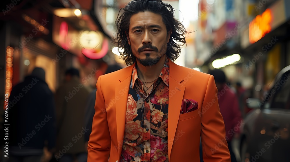 A close-up shot of a Japanese male model striding purposefully through a vibrant street, captured by a handheld HD camera, highlighting his fashionable attire and captivating presence