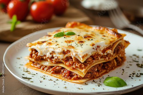 A plate of lasagne alla bolognese, a classic Emilian dish made with layers of pasta, bolognese (a meat-based sauce)