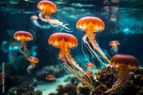 Jellyfish in the sea photography generative ai photo. 