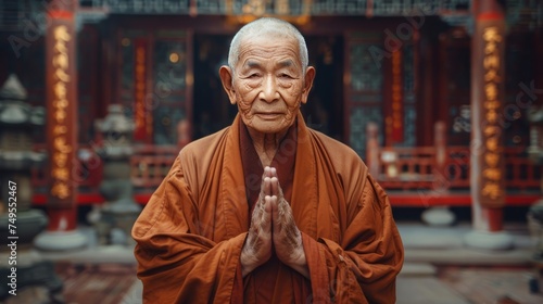 Elderly Chinese Monk in Traditional Robes: Wisdom of Eight Decades