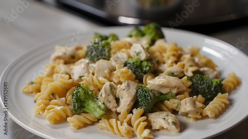 Creamy chicken and broccoli pasta on plate photo