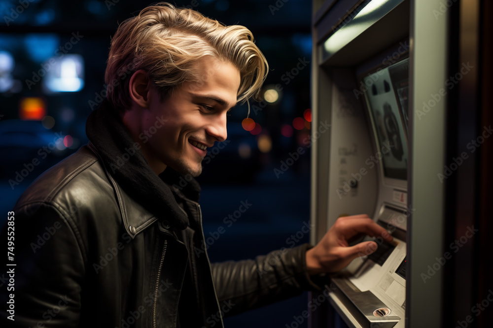 Young handsome blonde man at outdoors using an ATM Young handsome blonde man at outdoors using an ATM