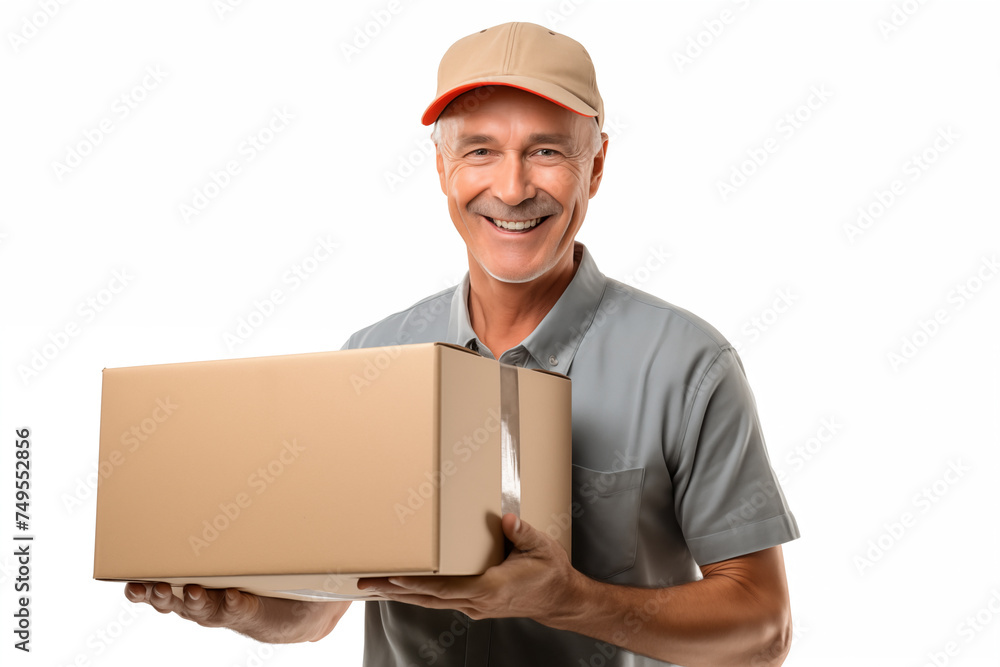 Middle aged man over isolated white background holding delivery box Middle aged man over isolated white background holding delivery box