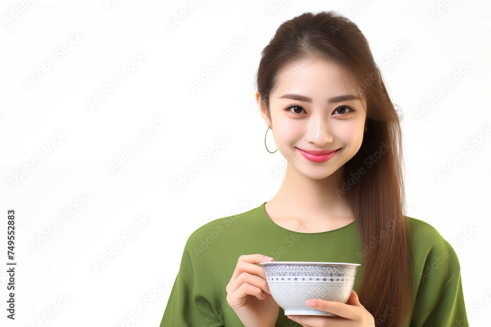 Teen pretty Japanese girl over isolated white background with matcha green tea Teen pretty Japanese girl over isolated white background with matcha green tea