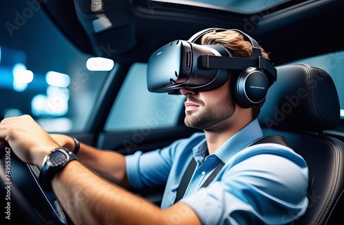 Side view portrait of handsome bearded businessman wearing VR headset driving luxury car, modern technology concept