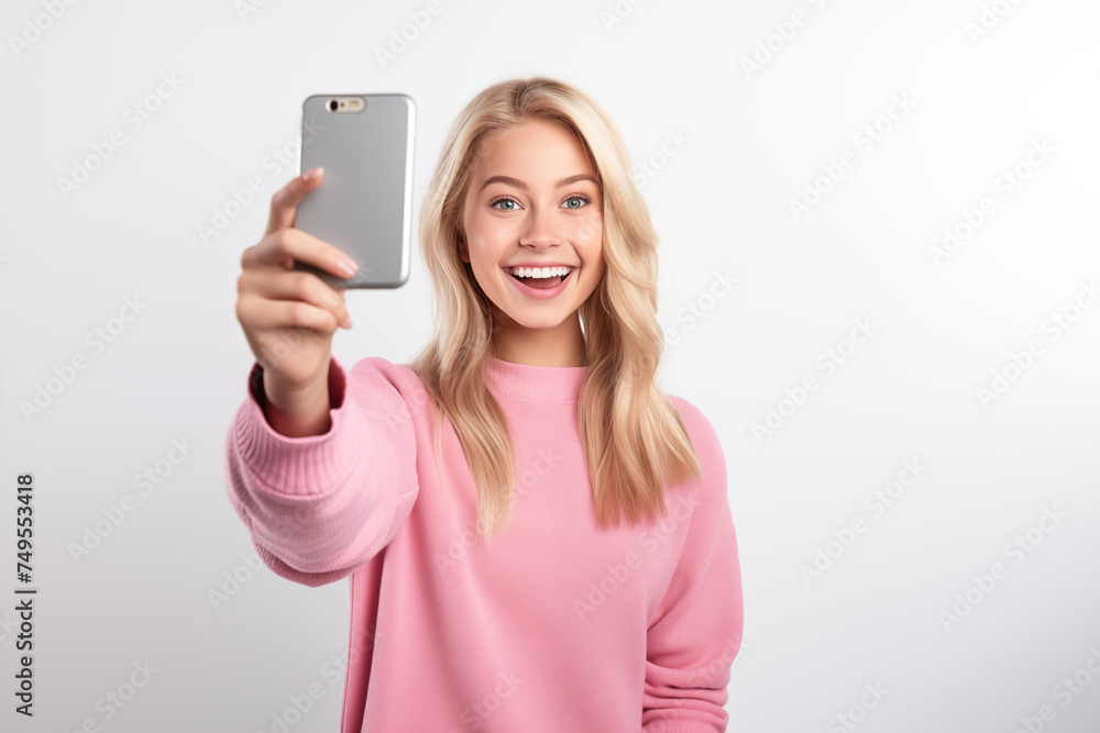 Young pretty blonde girl over isolated white background using mobile phone