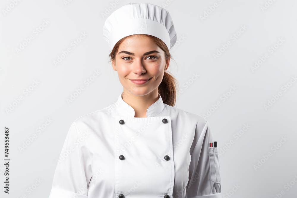 Young pretty brunette girl over isolated white background in chef uniform Young pretty brunette girl over isolated white background in chef uniform