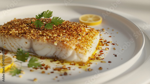 Gourmet spiced fish fillet with lemon garnish