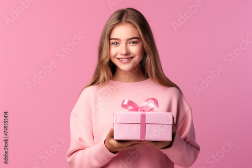 Young pretty blonde girl over isolated colorful background holding a gift © luismolinero