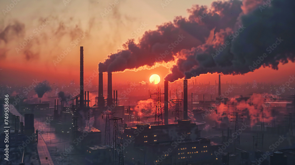 Industrial Pollution: Factory Emitting Smoke and Chemicals into the Atmosphere at Sunset