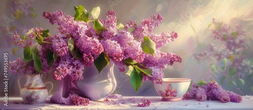 A detailed painting showcasing vibrant purple lilacs arranged in a white vase. The delicate flowers stand out against the clean white background, bringing a sense of freshness to the composition.