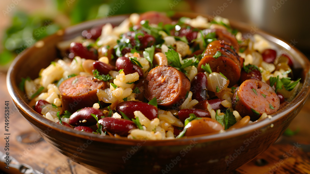 Hearty homemade red beans and rice dish with sausage Hearty homemade red beans and rice dish with sausage