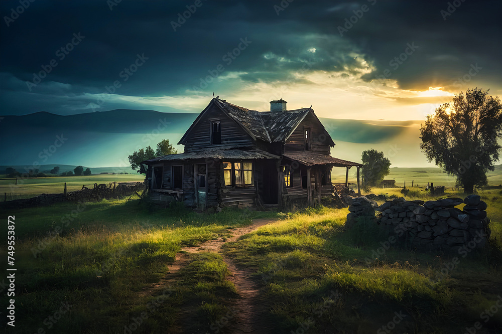 Mysterious old secret town abandoned house at sunset generative AI photo.
Mysterious old secret town abandoned house at sunset generative AI photo.