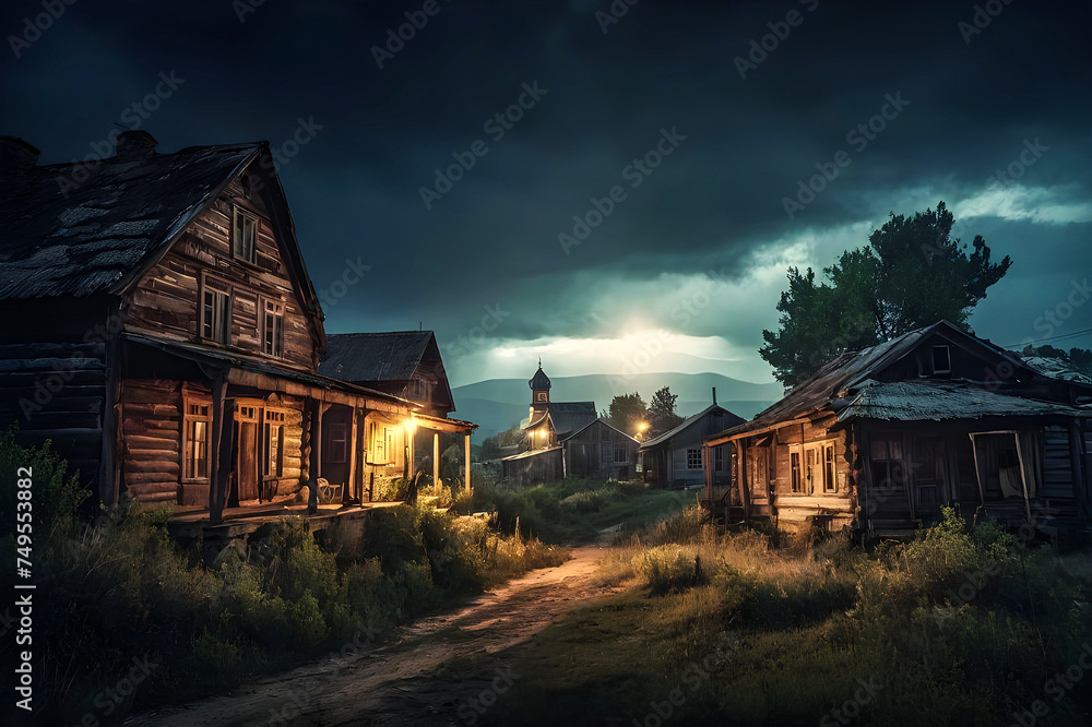 Mysterious old secret town abandoned house at sunset generative AI photo.
 - obrazy, fototapety, plakaty 