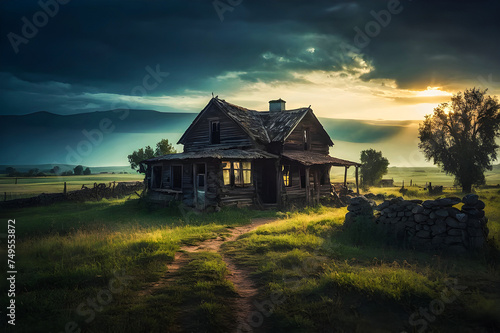 Mysterious old secret town abandoned house at sunset generative AI photo. 