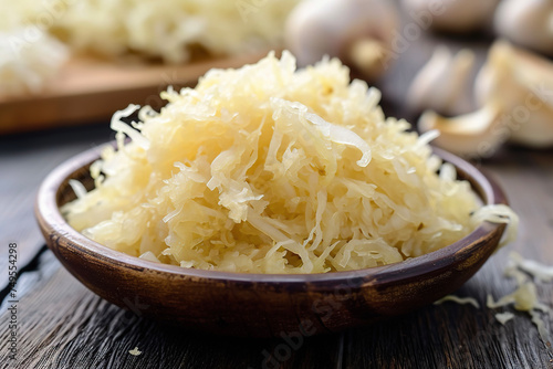 A plate of Sauerkraut, a traditional German dish made from finely shredded cabbage that has been fermented by various lactic acid bacteria