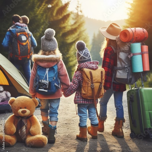 A family with two children embarks on a camping adventure in the forest, leaving behind a teddy bear and suitcase. The anticipation of nature's embrace is palpable