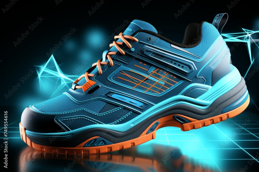 Design a futuristic holographic display of sports sneakers with neon lighting Design a futuristic holographic display of sports sneakers with neon lighting