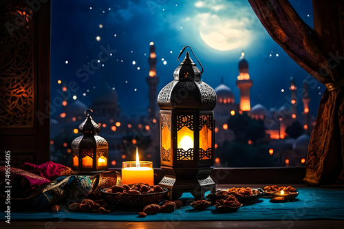 Illuminated Arabic lantern on mosque holy month of Muslim community Ramadan Kareem generative ai photo.
