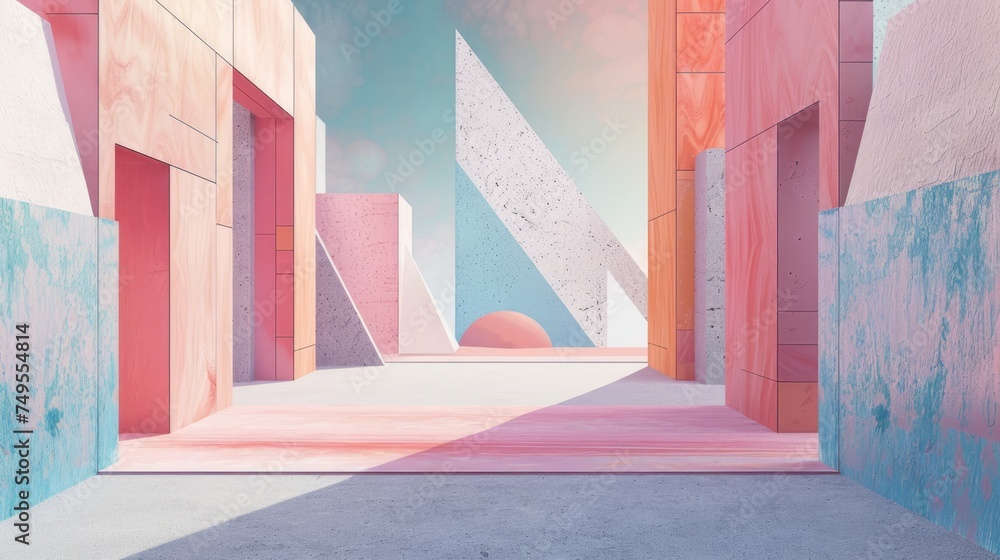 Abstract architecture with colorful geometric shapes and textured surfaces. Pastel color palette in a surreal landscape. Creative concept for modern design. Abstract architecture with colorful geometric shapes and textured surfaces. Pastel color palette in a surreal landscape. Creative concept for modern design.
