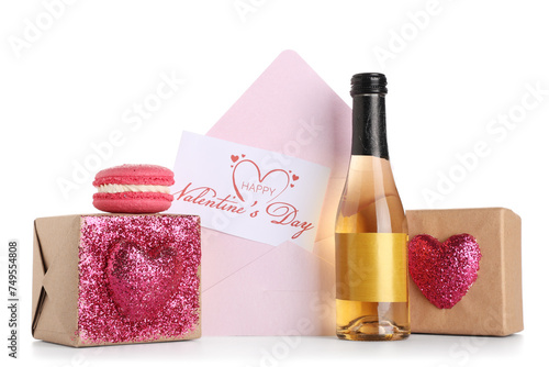 Bottle of champagne with gift boxes, envelope and festive postcard on white background. Valentine's Day celebration