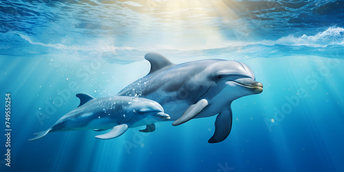  Group of dolphins under the sea Undersea animals Delphinus in clean blue water background and wallpaper © Good