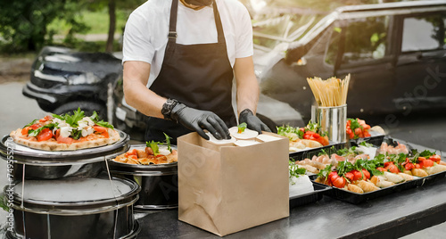 person preparing food . Street food festival, delivery, catering service