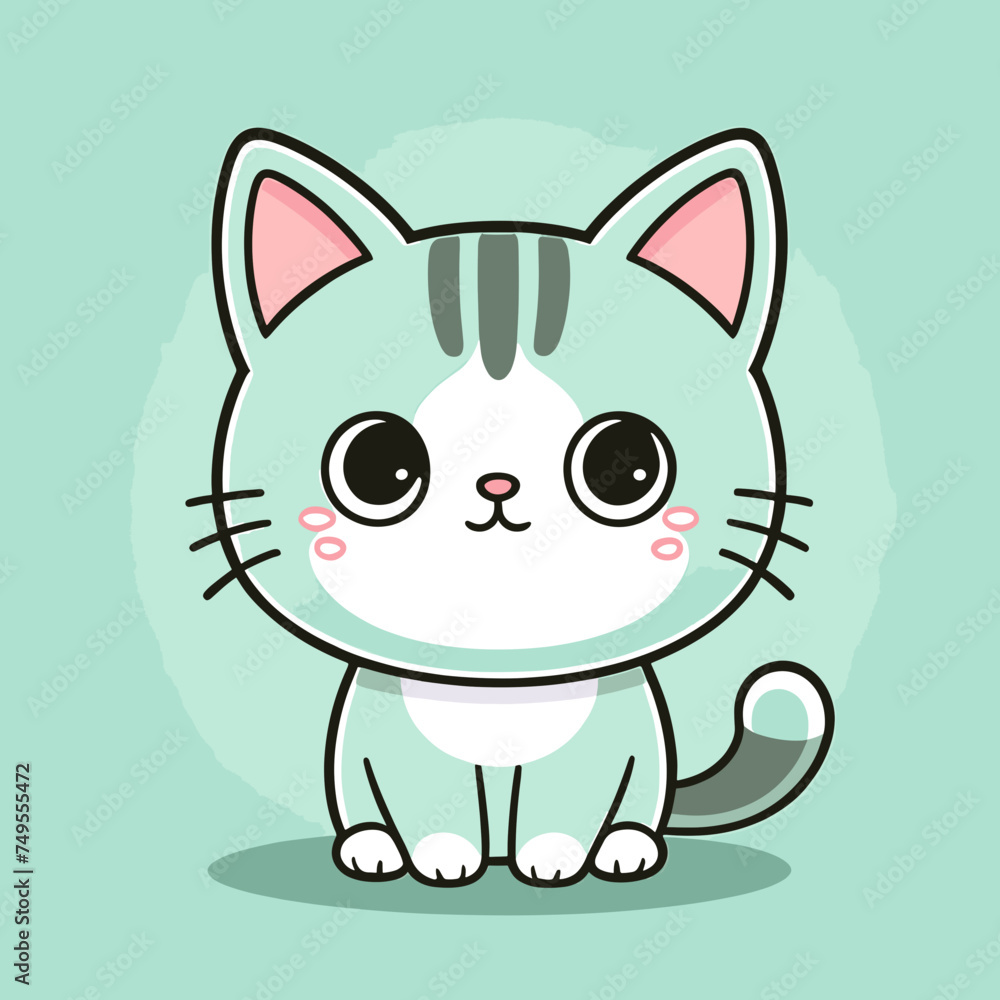 Cute Kawaii Cat Vector Clipart Icon Cartoon Character Icon on a Mint Green Background Cute Kawaii Cat Vector Clipart Icon Cartoon Character Icon on a Mint Green Background