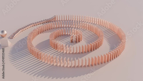 Dynamic Geometric Domino Effect: Abstract 3D Animation of Domino Tiles Set in Spiral, Toppled by Rolling Ball photo