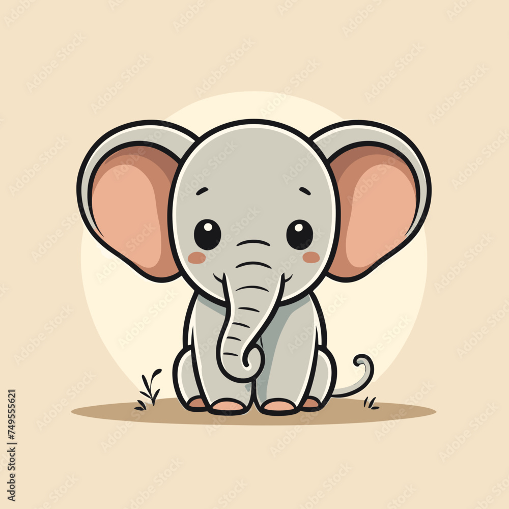 Cute Kawaii Elephant Vector Clipart Icon Cartoon Character Icon on a Cream Background