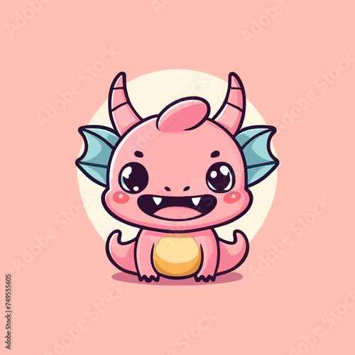 Cute Kawaii Dragon Vector Clipart Icon Cartoon Character Icon on a Pale Pink Background