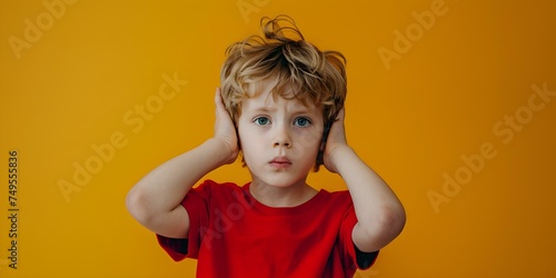 An autistic boy in a red shirt covering his ears due to loud noise. Concept Portrait, Autism, Sensory Sensitivity, Red Shirt, Ear Protection photo