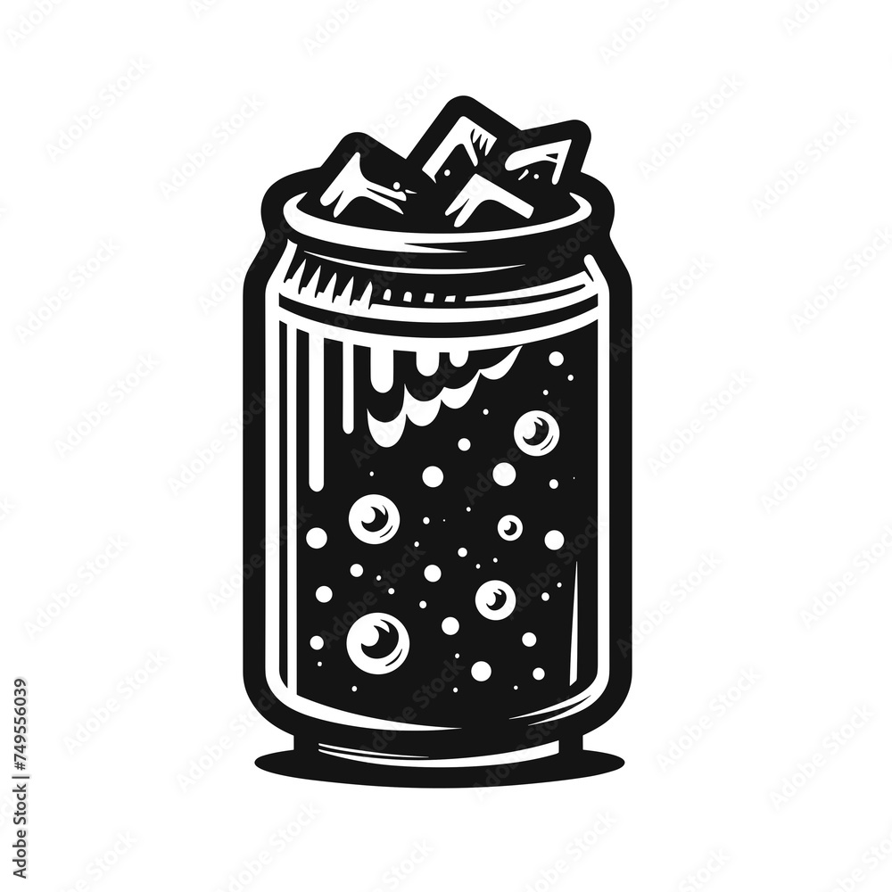Cold cola jar with ice cubes. Black and white vector illustration, beverage drink icon design, generative ai - obrazy, fototapety, plakaty 