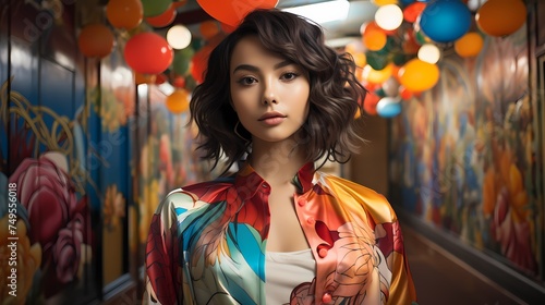 A fashionable Japanese model posing against a backdrop of colorful murals, wearing a vibrant outfit inspired by traditional Japanese textiles and modern street fashion, with the image 