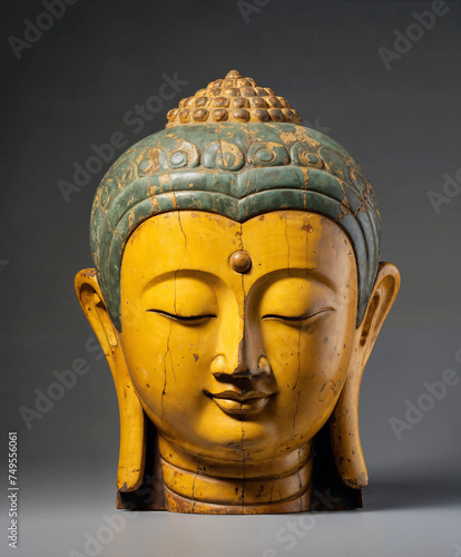 Antique wooden head reminiscent of a young Buddha. photo