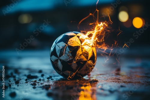 A soccer ball engulfed in flames and lightning streaking through the night sky against a backdrop of blue and orange
